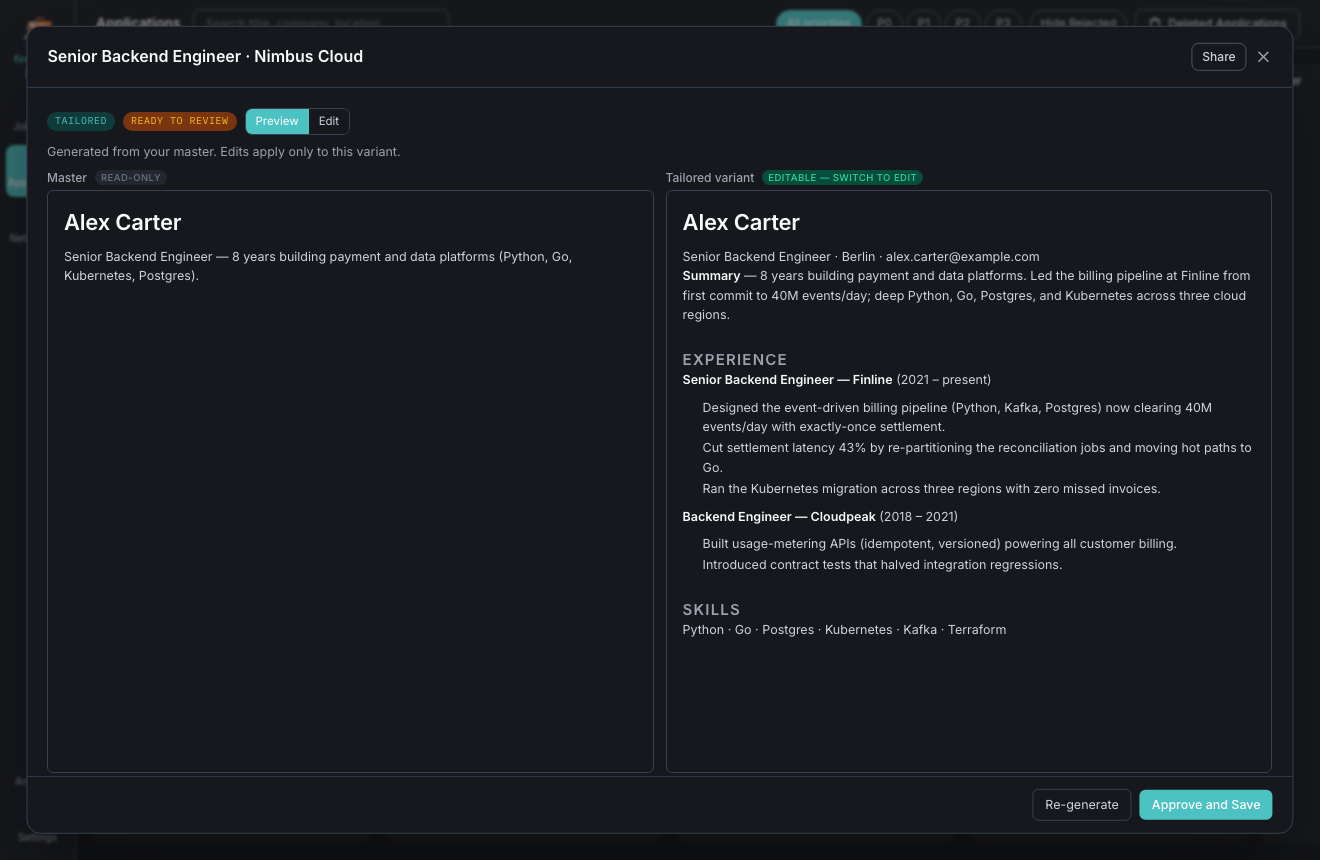 The tailored-resume review modal — master beside the generated variant
